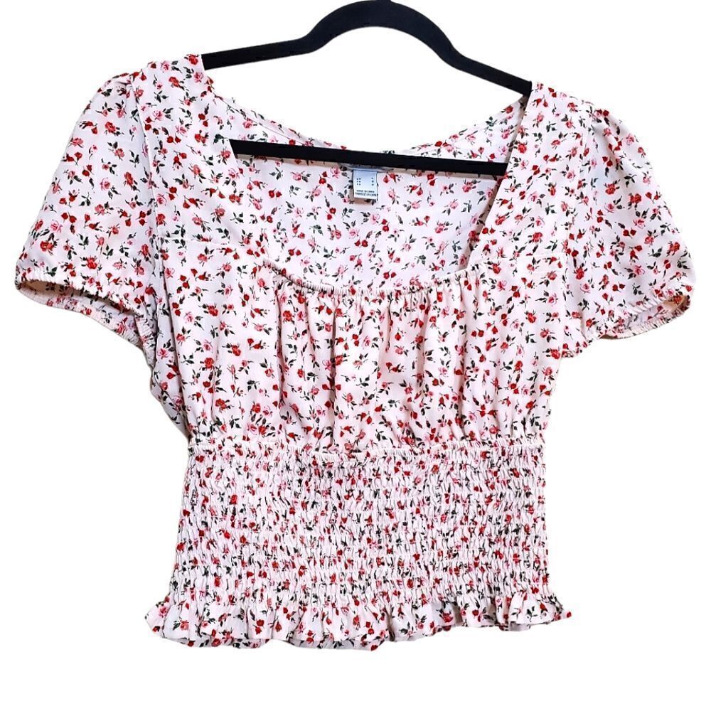 Revamped Womens Smocked White/Red Floral Crop Top Size Large